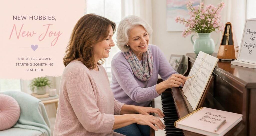 two women at a piano, with the older one teaching the younger one how to play.