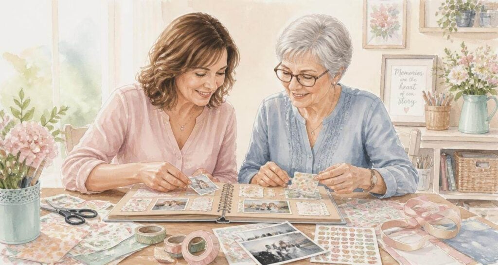 two women sitting at a large desk scrapbooking together.