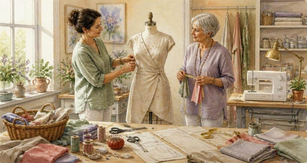 two women in a sewing studio creating a dress on a mannequin with sewing materials all around the room.