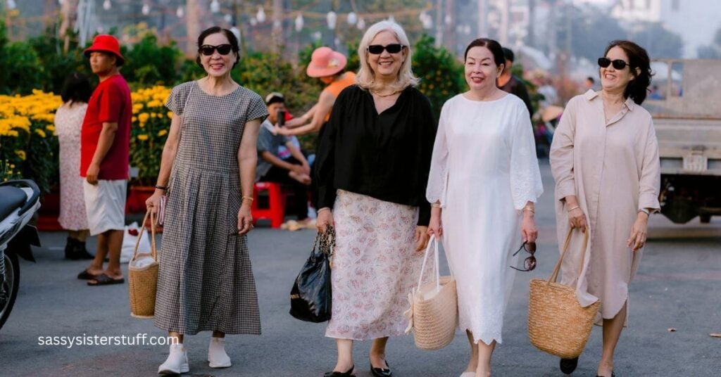four middle aged women walking through a market together because they understand social wellness and why it is important.
