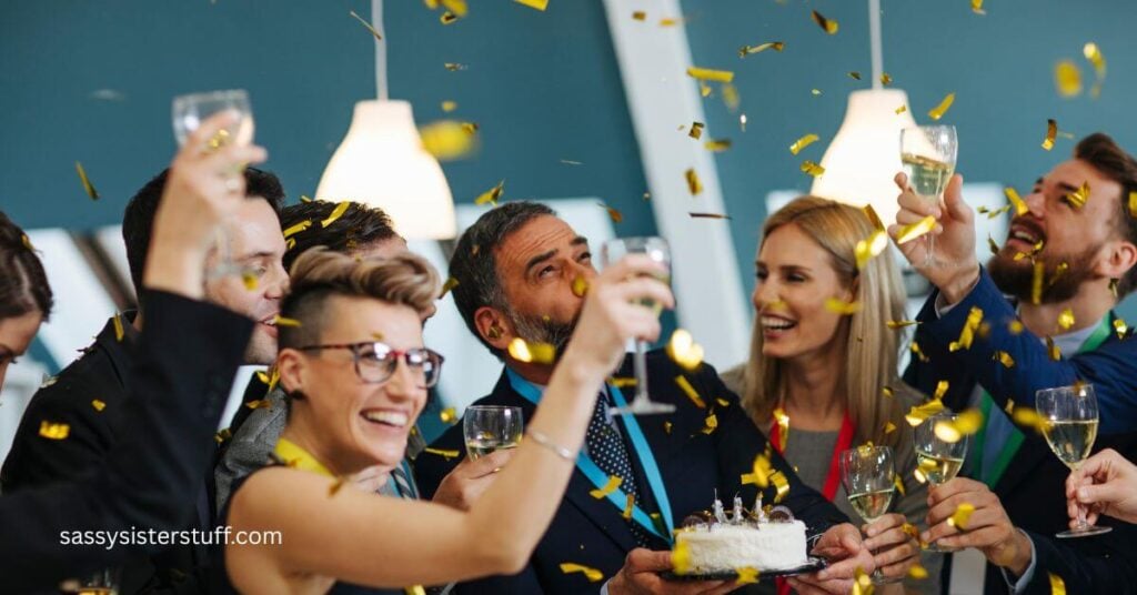 a group of adults raising glasses to celebrate a retiree.